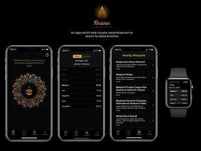 Khairan - Accesible Qibla Direction accesibility android app apple watch ios iphone iphonex khairan kiblat mobile app mobile app design moslem mosque mosque finder muslim pray qibla qibla direction salat salat time ui design