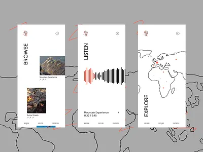Mobile App Design Concept for Travelear anti ux bold brutal clean data visualization experiment experimental extravagant fashionable listen map minimal mobile progressive simple sound stylish trendy ui ux zajno