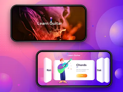 Learn Guitar Game (Splash + Main Menu) 3d android cards games gradients guitar home illustrations ios iphone learn learning app menu mobilegames neel prakhar sharma splash swipeleftright windows