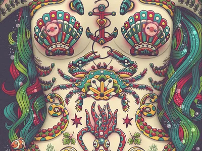 FRUTTI DI MARE' crab fun illustrated illustration illustrator limited palette mermaid old school seafood tattoo tattooed torso