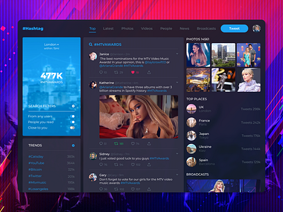 Search #Hashtag advanced app figma filter hashtag modern mtv music night places pop research search selected social tape trends twitter ui ux