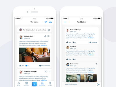 OyeExams - Community Screens app clean community design education app experience feed homescreen interface mobile product design social ui ux
