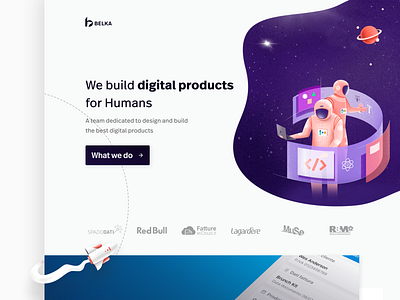 Belka's homepage: alternate version agency landing page belka brush color design digital display gradient homepage homepage design illustration planet screen shadow space spaceman stars texture touch touchscreen