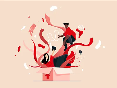 Hello from RVU team! box boy branding cat debut design desktop dribbble flat girl illustration people red ribbon rvu vector