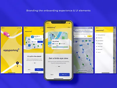 AppyParking+ Launch (App UI) app branding campaign design graphic design illustration onboarding typography ui ux vector visual identity walkthrough yellow