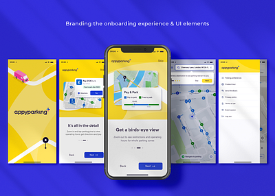 AppyParking+ Launch (App UI) app branding campaign design graphic design illustration onboarding typography ui ux vector visual identity walkthrough yellow