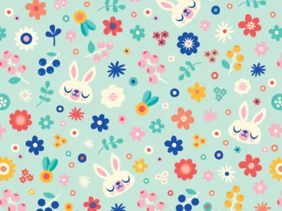 Bunny Ditsy Floral Surface Pattern Design bunny characterdesign cute animals digital art ditsy floral flowers illustration jsongdesign pastel print spring surface pattern design vector
