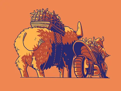 Rural commuters bike biker cattle cow farmer illustration moped navy orange ox transport