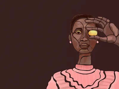 Shorthaired girl holding a kumquat over her eye african american black character digital illustration frilly blouse girl kumquat model modular person procreate