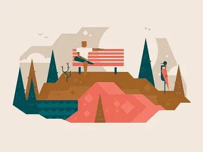Relax bench bird flat heron illustration landscape man nature park person