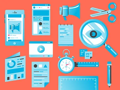 Visual Marketing analytics app blueprint branding design illustration illustrator iphone magnifying glass megaphone ruler scissors stop watch ui ux vector web