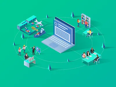Isometric Komputer banner business character computing flat design home page illustration industry isometric landing page laptop meeting meetup modern people illustration tecnology ui ux vector web design
