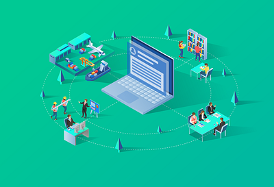 Isometric Komputer banner business character computing flat design home page illustration industry isometric landing page laptop meeting meetup modern people illustration tecnology ui ux vector web design