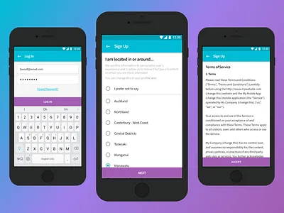 Login and Sign up app blue design form login minimal mobile page product radio signup software terms ui ux