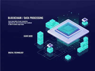 Data processing 3d banner computer data digital electronic gradient illustrator isometric neon server technology vector