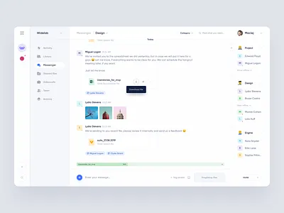 Messenger for Product management app app chat clean complex dashboard desktop emoji files inbox management messages messenger product sidebar slack ui upload ux web widelab