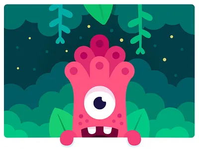 Jungle monster art character cute design fireflies happy illustration jungle monster monster club plants vector