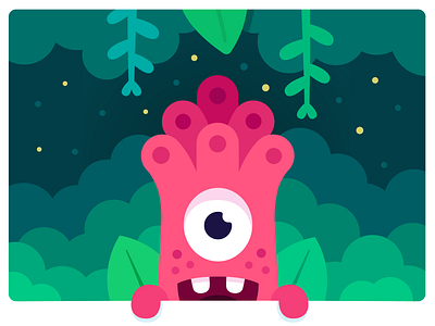 Jungle monster art character cute design fireflies happy illustration jungle monster monster club plants vector