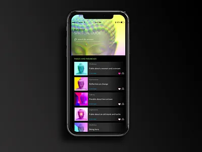 Day 022 Search screen for a buddhist spiritual guide #dailyui buddhism custom images dailyui dark theme guide home screen iphone x mobile app mobile design mobile ui photoshop search spiritual ui design