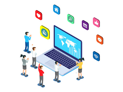 Modern Isometric Social Media Marketing Illustration 3d branding building illustration isometric ui vector