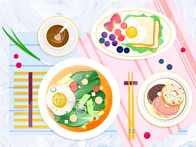 Breakfast 下午茶 咖啡 夏天 小清新 少女 插图 插画 早餐 板绘 水果 甜品 设计 食物