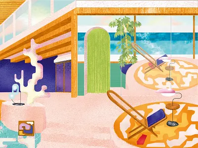 Summer delight chair color coral design fresh green illustration interior design lamp leaves pattern pink pool rug sculpture sunny sunny day texture water yellow