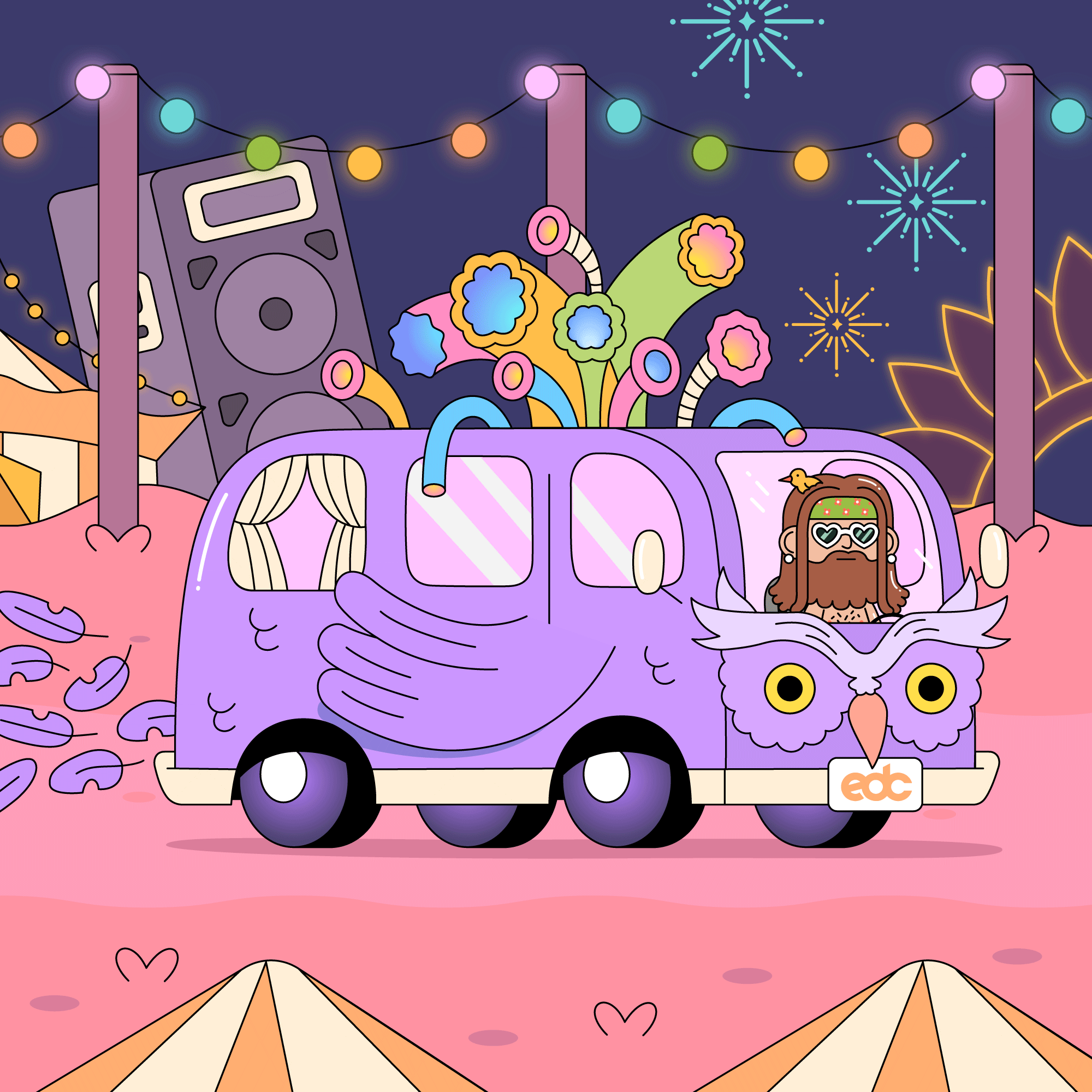 EDC Festival animation car animation hippie van illustration vans animated