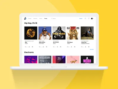 Digital DJ Pool - Trends page clean design desktop digital dj flat layout minimal music page product product design simple tiles trend ui ux ux ui website yellow