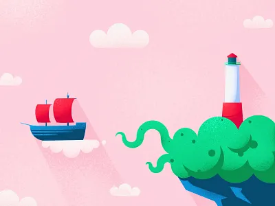 Wonder Days air bright bush candy cloud day flat fly grainy illustrator island journey light light house shadow ship travel vector voyage wonder