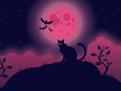 Cat 2d illustration 2dcharater cat character characterdesign dribbble dribbble best shot illustration minimal moon night ui vector