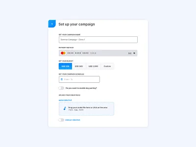 Campaign Creation audio audio centric audiogo budget campaign creation credit card form set up campaign