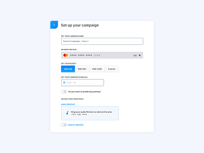 Campaign Creation audio audio centric audiogo budget campaign creation credit card form set up campaign