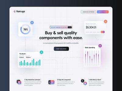 fam.xyz api application blur brand bubble chart component gradient graph grid icon illustration landing logo minimal overlay ui ux webflow website