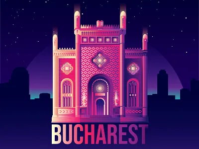 Bucharest's Coral Temple bucharest city gradient illustration landmark night stars temple vector