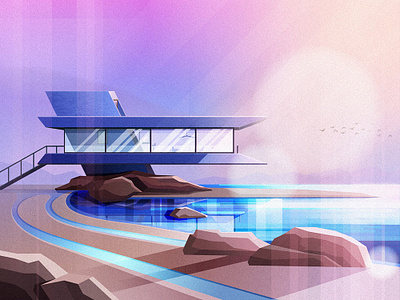 NO.13-The beach house architecture beach build glass house illustration sea sky stone villa water