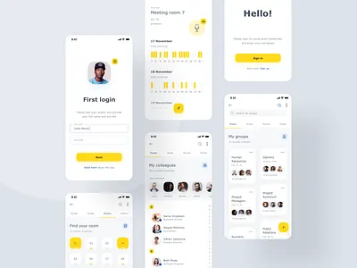 World of Working App application cards case study clean groups illustration ios mobile app product design schedule ui ux visual yellow