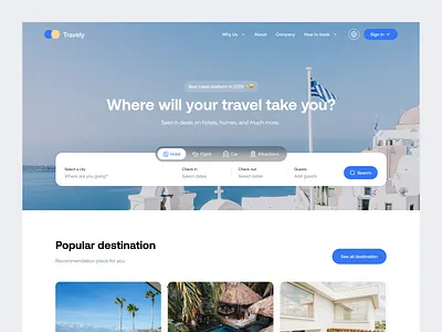 Travely - Hero Section advanture book booking flight flight booking footer hero hotel landing page minimalist partner popular rent tourism travel travel landing page trip ui vacation web design