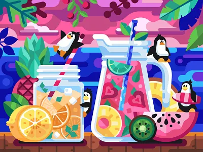 Tastes of Summer cocktail coloring book drinks flat design game design holidays lemonade mobilegame penguins sea seaside summer summer party summertime sunset vibes