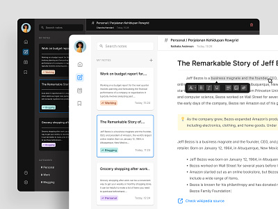 Notes App Dashboard calendar dark mode dashboard desktop diary management note notepad notes planner product design productivity sticky notes task text editor to do list ui ux web app web design