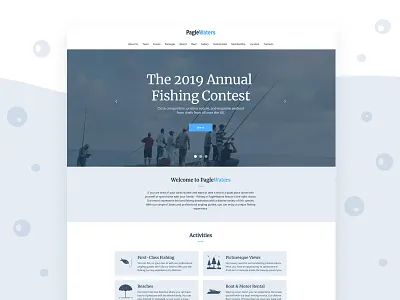 Fishing Club Website Template blue fish fisherman fishing club hobby illustration lake template design templates uidesign weblium website builder website template website templates