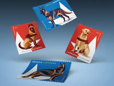 USPS Military Working Dogs Stamps belgian malinois dan kuhlken design dkng dog dogs dutch shepherd german shepherd illustration labrador retriever nathan goldman philately post office stamp stamps star usps vector