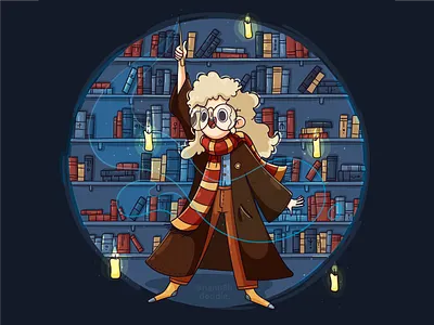 Wizard girl 2d adobe illustrator art books candle cartoon character characterdesign cozy cute girl hannahdoodle illustration lights magic vector wizard