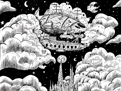 Starry Sail art artist debut debutshot digitalart drawing firstshot illustration ink drawing inking inkscape procreate sketch sketching steamboat steampunk traditional