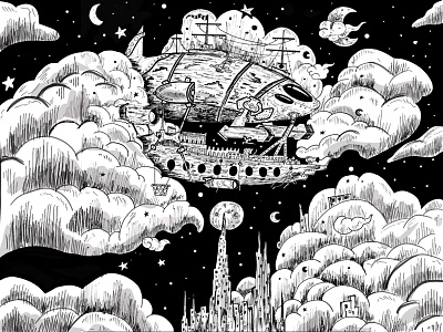 Starry Sail art artist debut debutshot digitalart drawing firstshot illustration ink drawing inking inkscape procreate sketch sketching steamboat steampunk traditional