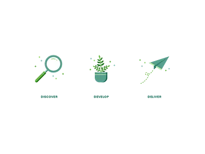 Managed Services Playbook Icons deliver develop discover flat illustration growth magnifying glass origami paper airplane plane plant sparkles
