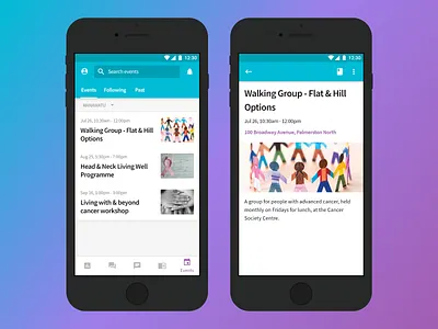 Mobile Events List app blue design detail event events list mobile page product purple software ui ux
