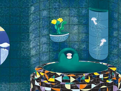 Villa Vaguelette jacuzzi aquarium aquarius aquatic colors design fish tank flower illustration interior design jacuzzi jellyfish medusa mosaic ocean pool render sea summer texture yellow