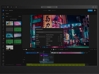 InVideo - Keyboard shortcuts (Dark theme) affordance after effect clean dark dark theme design keyboard shortcuts modal window pop up real project search shortcut signifier user interface video video editing tools web based