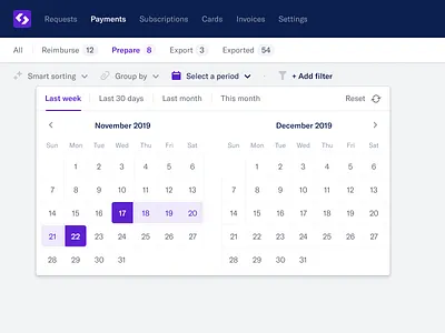 Spendesk - Select Period cal ui calendar calendar ui design designer icons interface interface design ui ui design user experience user interface user interface design ux ux design
