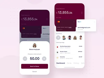 Wallet App bank bank app card clean colors creditcard dashboad finance fintech mastercard minimal money money transfer paypal send money ui ux wallet wallet app
